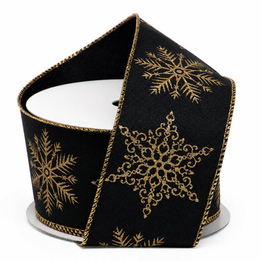 Gold Snowflakes Black Velour Ribbon - 2 1/2" x 10 Yards, Christmas, Gift Wrapping, Wreath, Swag, Garland, Presents, Gift Basket, Winter, Tree Topper Bow, Wreath, Gift Bows