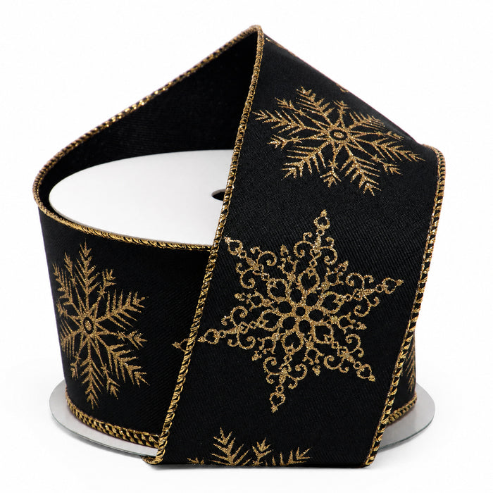 Gold Snowflakes Black Velour Ribbon - 2 1/2" x 10 Yards, Christmas, Gift Wrapping, Wreath, Swag, Garland, Presents, Gift Basket, Winter, Tree Topper Bow, Wreath, Gift Bows