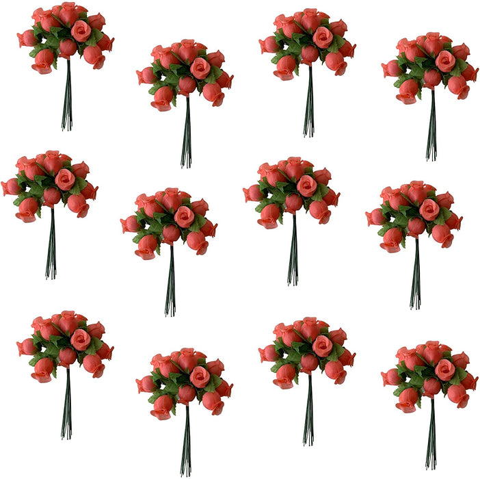 Coral Artificial Silk Mini Roses - 12 Dozens, 144 Rosebuds Total