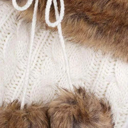 Modern White Knit Christmas Stocking - 20" H, 8" W, Brown Faux Fur Boot Cuff and Pompoms