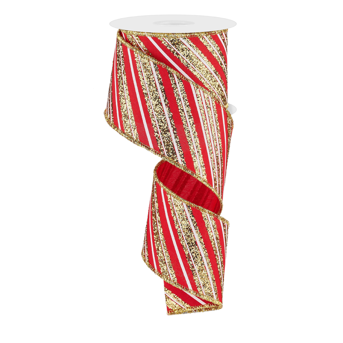 Red Gold Glitter Striped Ribbon - 2 1/2" x 10 Yards