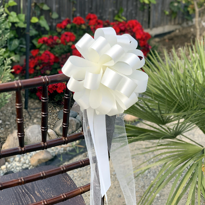 Ivory Wedding Pull Bows with Tulle Tails - 8" Wide, Set of 6,Easter, Spring, Reception, Anniversary, Mother's Day, Birthday, Graduation, Baby Showers, Gift Wrap, Basket, Church Decor, School, Office
