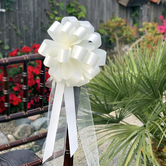 Ivory Wedding Pull Bows with Tulle Tails - 8" Wide, Set of 6,Easter, Spring, Reception, Anniversary, Mother's Day, Birthday, Graduation, Baby Showers, Gift Wrap, Basket, Church Decor, School, Office