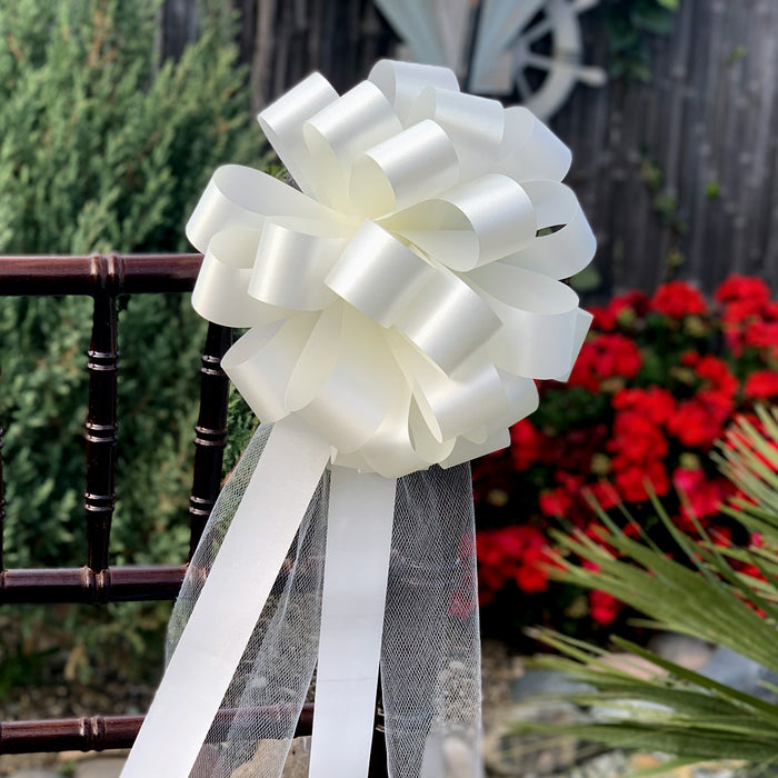 Ivory Wedding Pull Bows with Tulle Tails - 8" Wide, Set of 6,Easter, Spring, Reception, Anniversary, Mother's Day, Birthday, Graduation, Baby Showers, Gift Wrap, Basket, Church Decor, School, Office