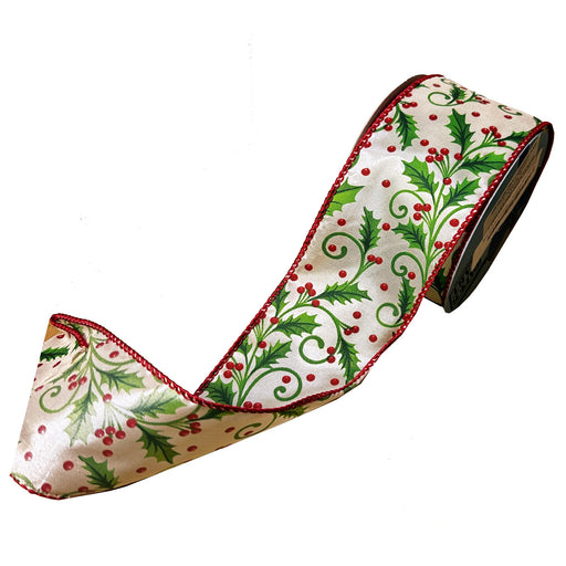 Christmas Holly Mistletoe Wired Ribbon - 2 1/2" x 10 Yards