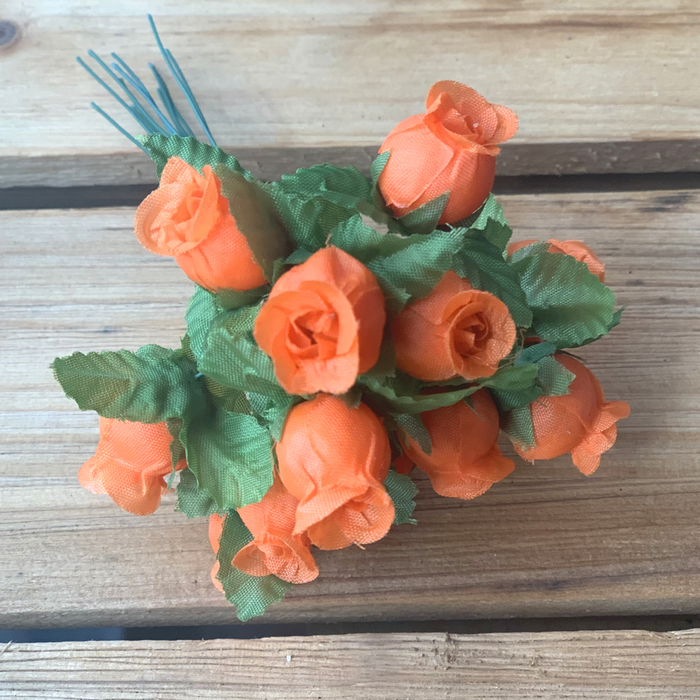 Orange Artificial Silk Flower Roses - 12 Mini Bouquets of 12 Rosebuds, 144 Rosebuds Total