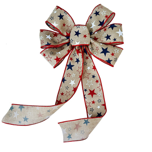 Rustic linen bow with patritotic star pattern 