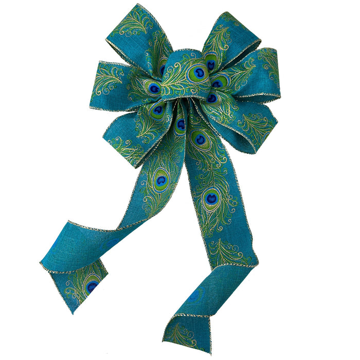 Gold Edge Peacock Wreath Bow - 10" Wide, 18" Long Pre-Tied Bow