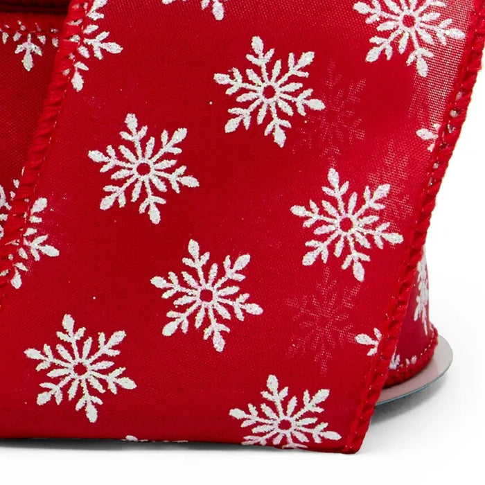 White Snowflakes On Red Ribbon - 2 1/2" x 10 Yards, Christmas, Wreaths, Garlands, Bows, Tree Decorating, Gift Wrapping, Presents, Centerpieces, Party Crafts, Wired Edge