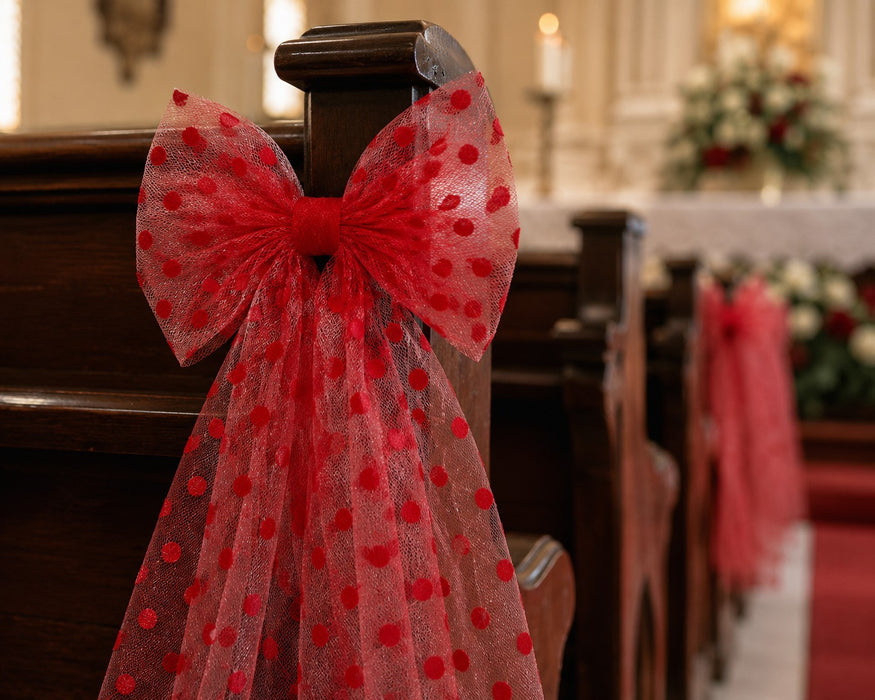 Red Polka Dot Tulle Decor - 6" x 25 Yards, 4th of July, America 250 Anniversary, Fabric Netting Ribbon, Anniversary, Wedding Decor, Valentine's Day, Wreath, Garland, Swag, Bows, School Graduation