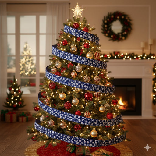 Decorated Christmas tree with royal blue and white ribbons in a festive living room.