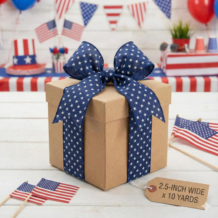 Patriotic Navy Stars Wired Ribbon - 2 1/2" x 10 Yards
