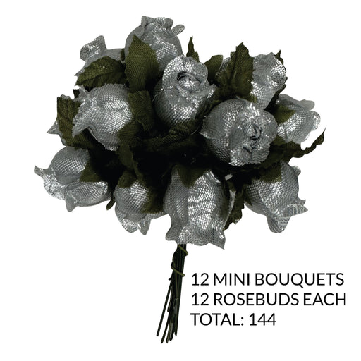 Silver Artificial Silk Mini Roses - 12 Dozens, 144 Rosebuds Total