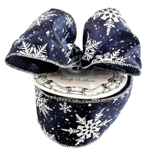 Midnight Navy Blue ribbon roll with white snowflake pattern 
