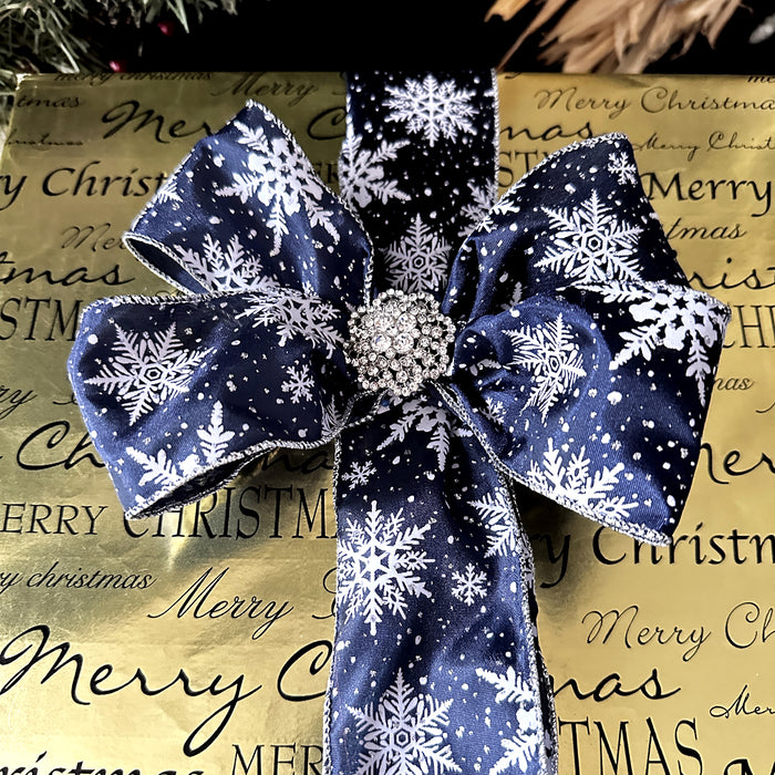 White Snowflakes Midnight Blue Ribbon -2.5"x10Y, Wired Silver Edge, Glittery Stary Night Sky, Christmas Gift Wrapping, Tree Topper, Holiday, Hanukkah Decorations