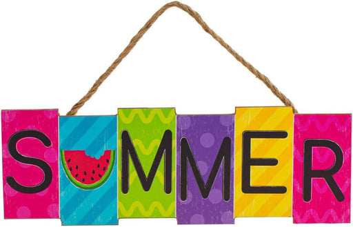 A decorative hanging sign spelling the word SUMMER in colorful painted letters, suspended by a natural jute rope against a plain white background.