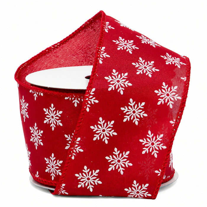 White Snowflakes On Red Ribbon - 2 1/2" x 10 Yards, Christmas, Wreaths, Garlands, Bows, Tree Decorating, Gift Wrapping, Presents, Centerpieces, Party Crafts, Wired Edge
