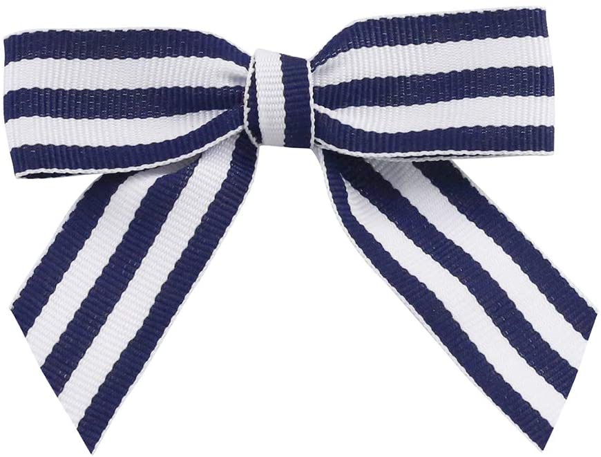 Navy Blue & White Striped Pre-Tied Bows - 3" Wide, Set of 12, 4th of July, America 250 Anniversary, Father's Day, Grosgrain Ribbon, Police Support, Birthday Gift Basket, Wedding Favors, Veterans Day