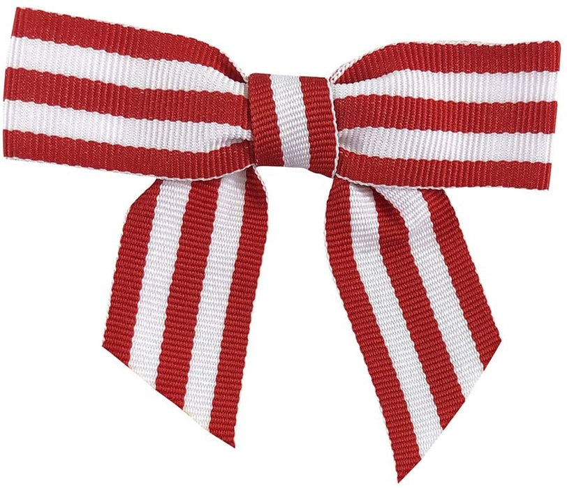 Red & White Striped Pre-Tied Bows - 3” Wide, 4th of July, America 250 Anniversary, Valentine’s Day, Mother's Day, Gift Basket Decor, Wedding Embellishments, Party Favors, Birthday Bows, House Warming