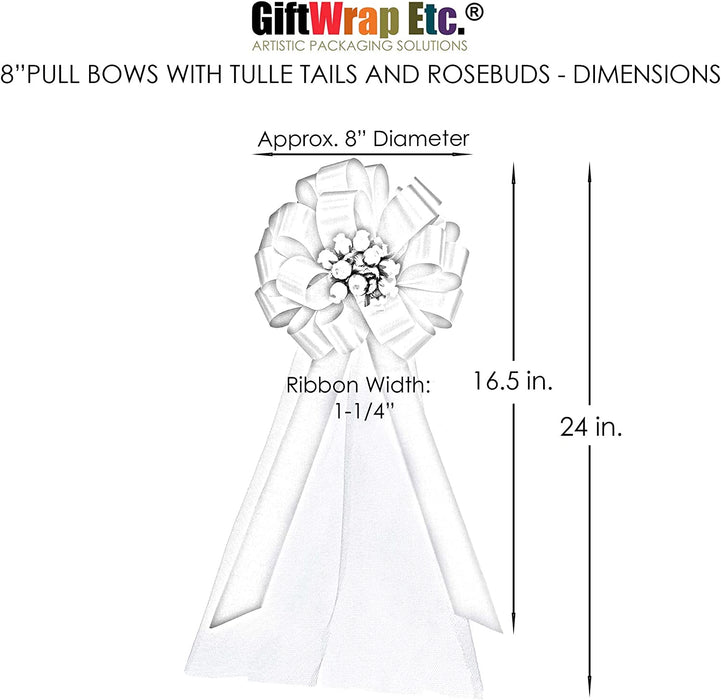 Hunter Green Pull Bows with Tulle Tails and White Rosebuds - 8" Wide, Set of 6