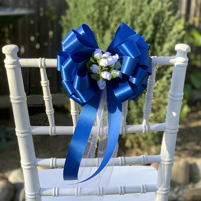 bright-blue-wedding-bows-with-rosebuds-and-tulle-tails