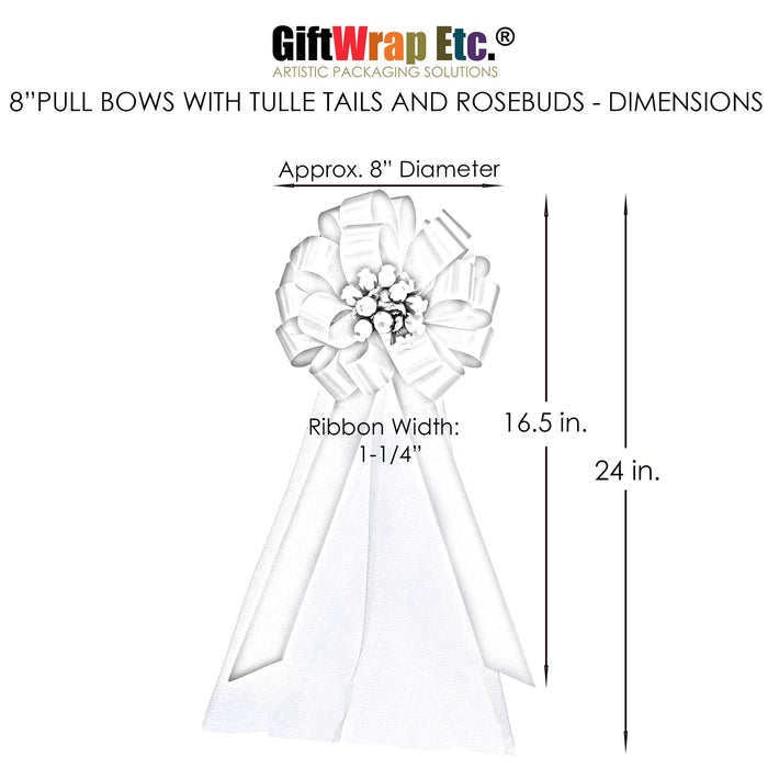 Purple & White Wedding Pull Bows with Tulle Tails and Rosebuds - 8" Wide