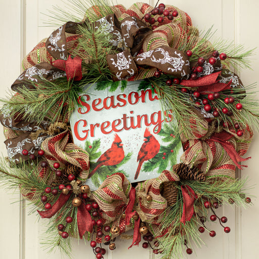 Season's Greetings Cardinals Christmas Sign - 10" x 10"