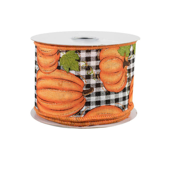 Pumpkin Patch Plaid Wired Ribbon - 2 1/2" x 10 Yards, Black & White Buffalo Plaid