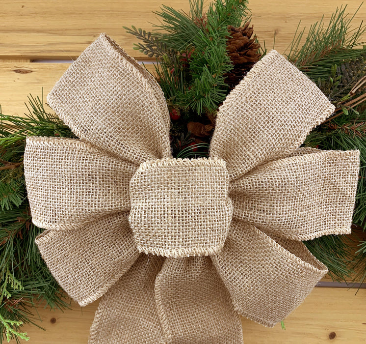 Natural Burlap Ribbon Wreath Bow - 10" Wide, 18" Long Tails