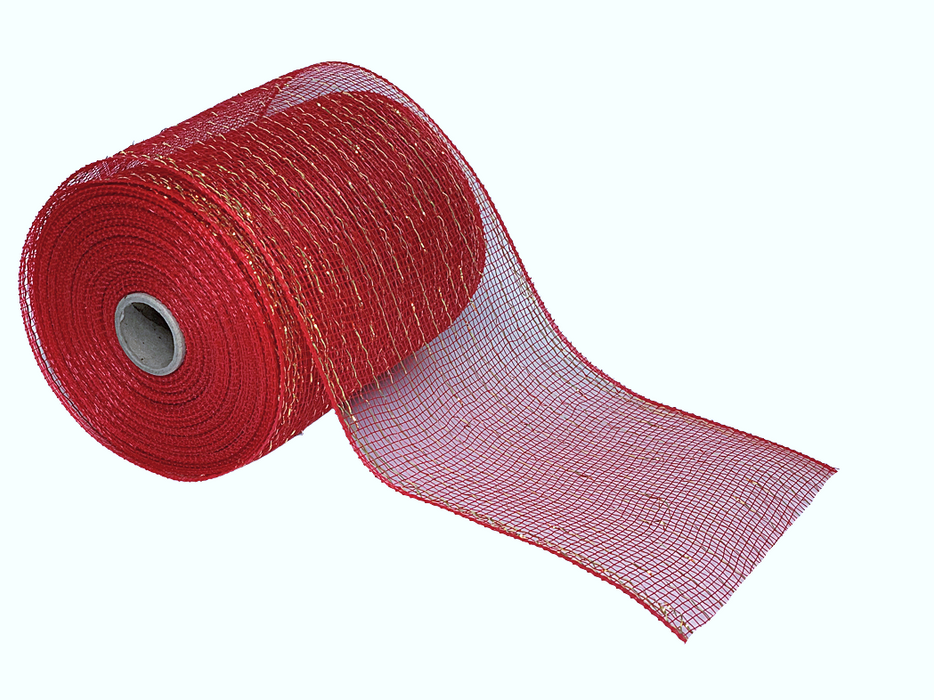 Christmas Wreath Maker Deco Mesh - 6" x 20 Yards, Red, Metallic Gold Stripes