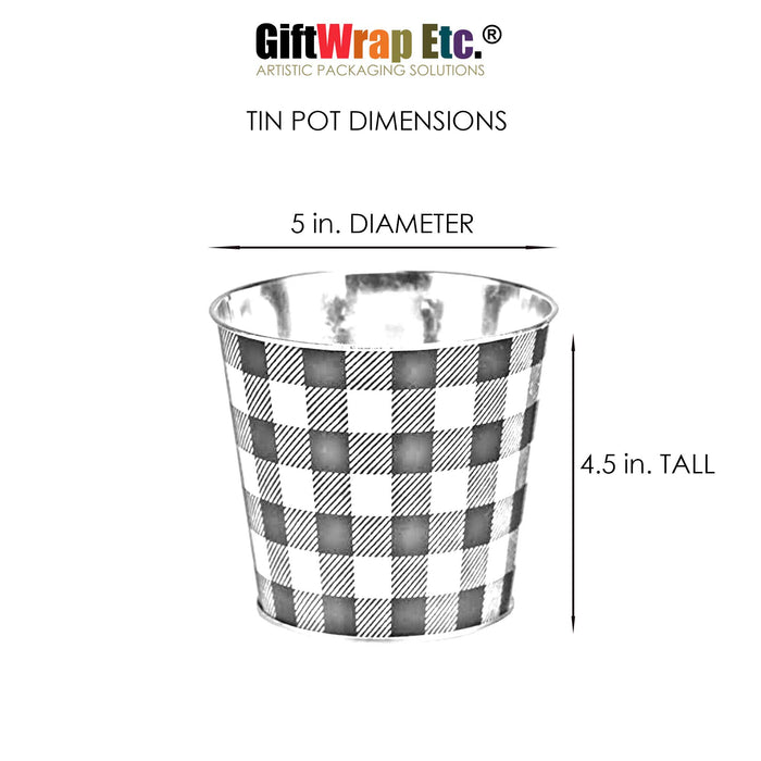 Buffalo Plaid Farmhouse Tin Pot - 5" Diameter, 4.5" Tall, Black & White