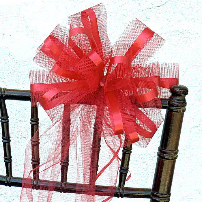 Large Red Tulle Ribbon Assembled Pew Bows - 10" Wide, Set of 6